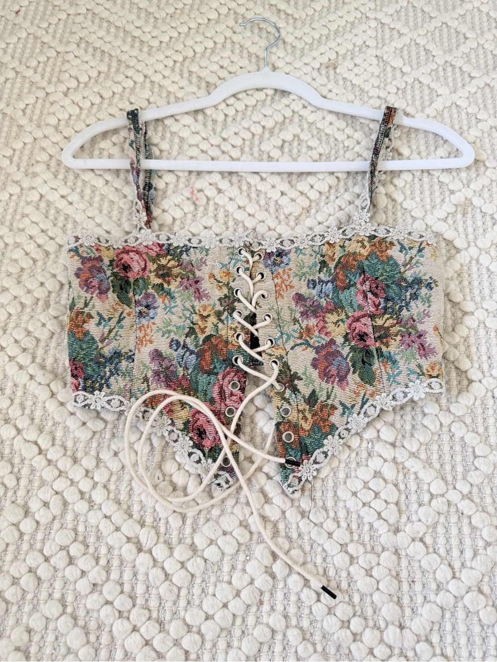 Lookin’ Sassy Vintage Floral Tapestry Corset Top Lace Up Size S